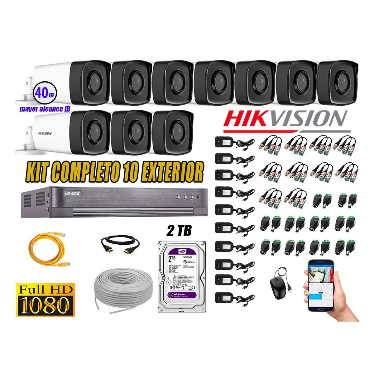 HIKVISION - Cámaras de Seguridad Exterior It3F Kit 10 Full HD 1080P + Disco 2TB WD CCTV