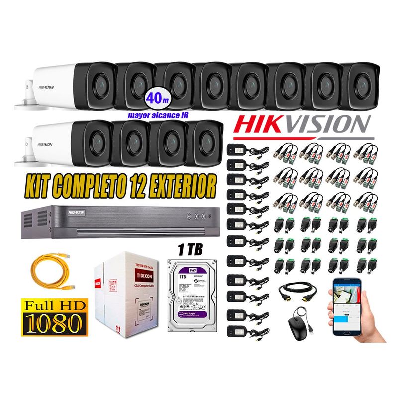 HIKVISION - Cámaras de Seguridad Exterior It3F Kit 12 Full HD 1080P + Disco 1TB WD CCTV P2P