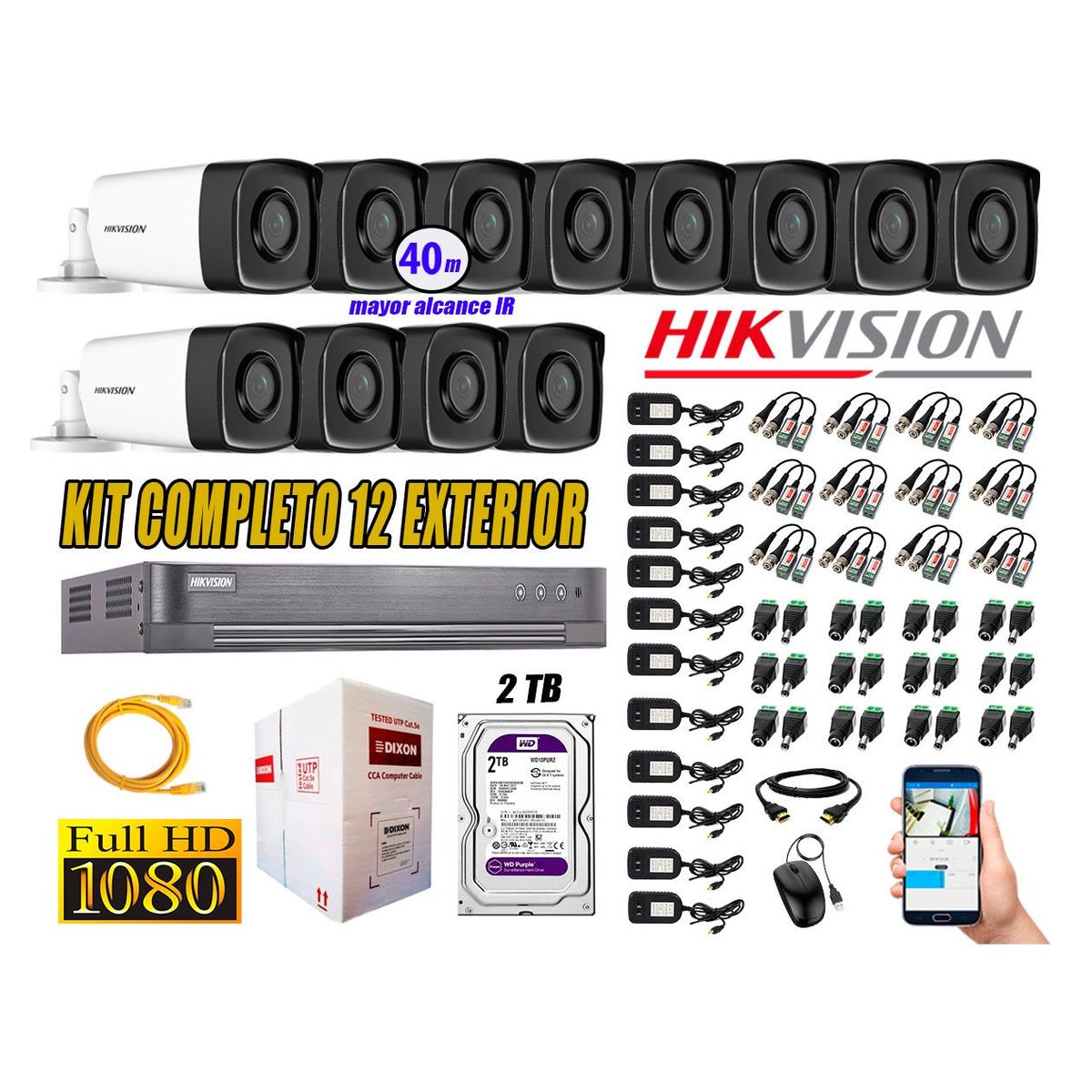HIKVISION - Cámaras de Seguridad Exterior It3F Kit 12 Full HD 1080P + Disco 2TB WD CCTV