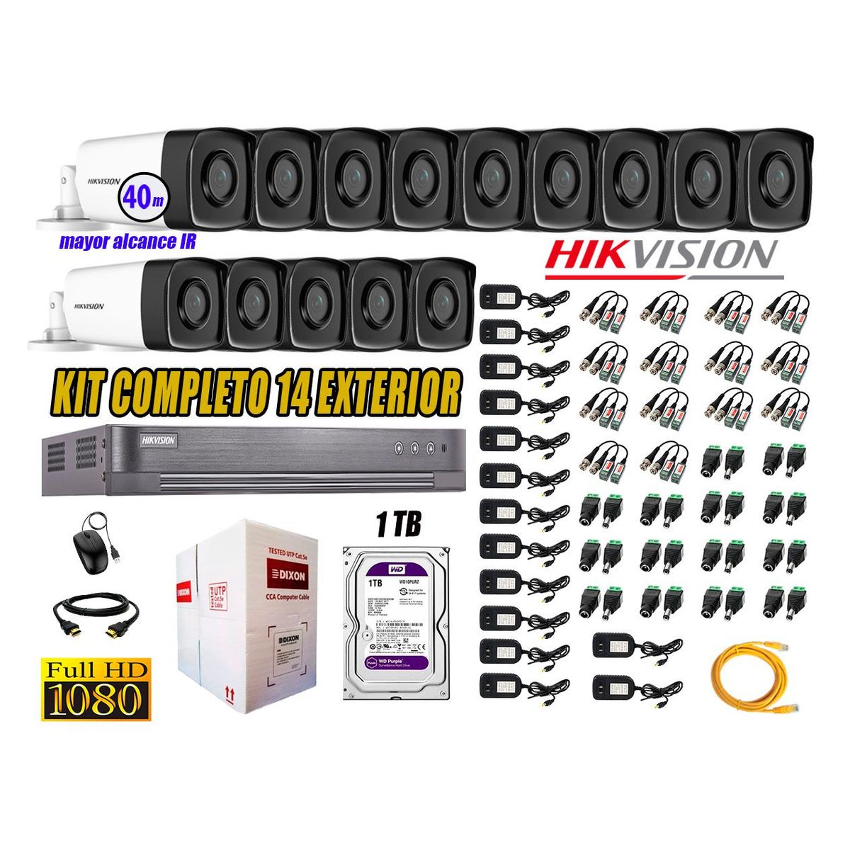 HIKVISION - Cámaras de Seguridad Exterior It3F Kit 14 Full HD 1080P + Disco 1TB WD CCTV P2P