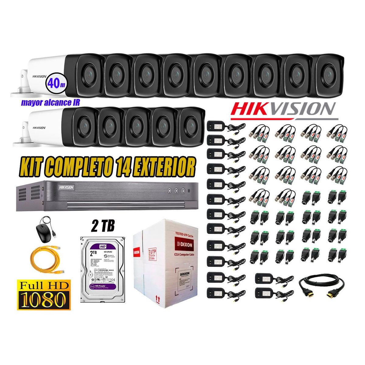 HIKVISION - Cámaras de Seguridad Exterior It3F Kit 14 Full HD 1080P + Disco 2TB WD CCTV