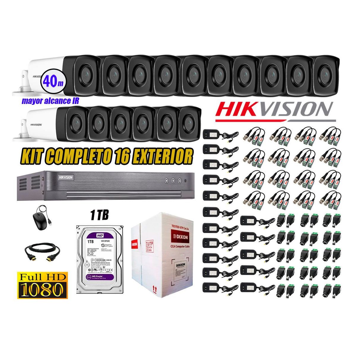 HIKVISION - Cámaras de Seguridad Exterior It3F Kit 16 Full HD 1080P + Disco 1TB WD CCTV P2P