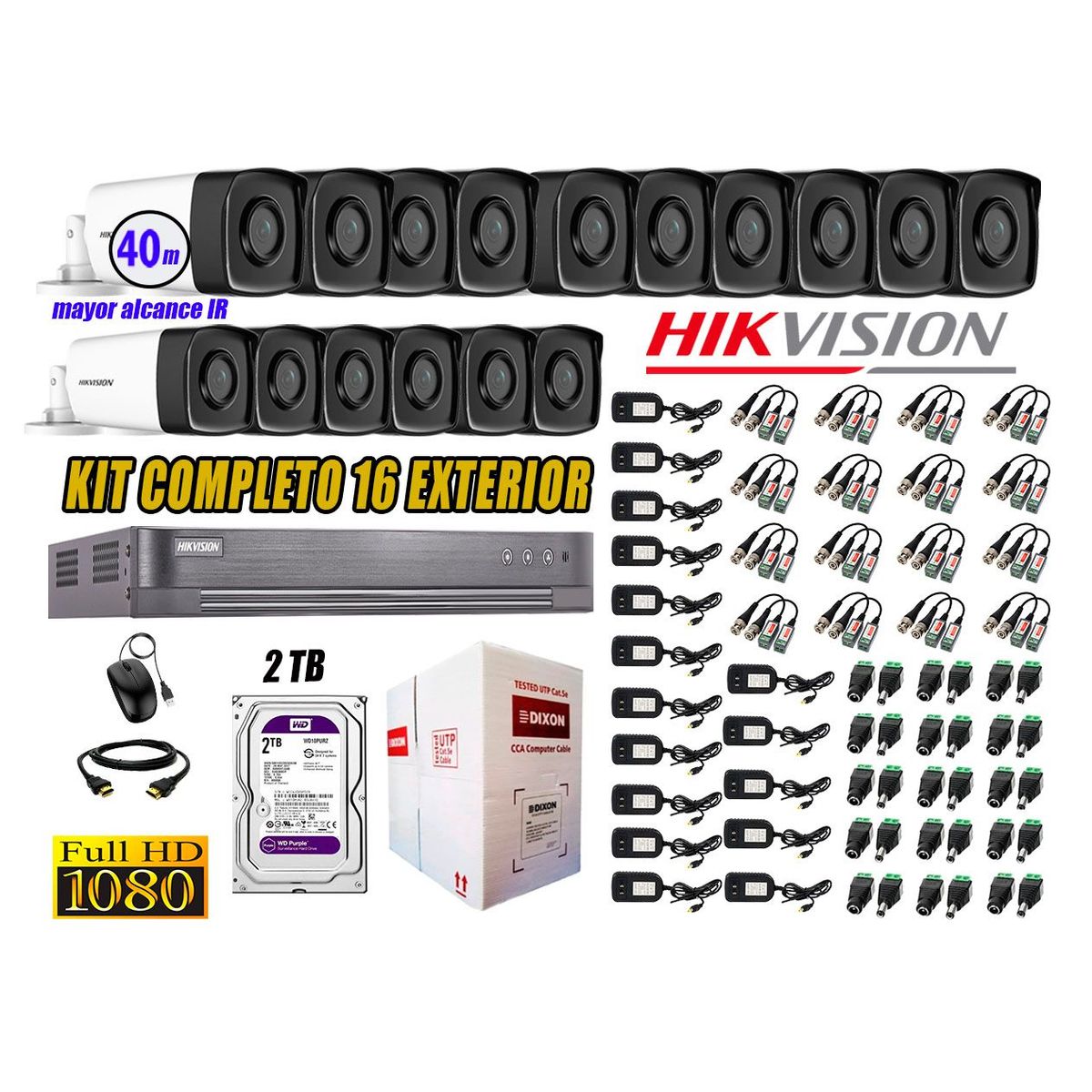 HIKVISION - Cámaras de Seguridad Exterior It3F Kit 16 Full HD 1080P + Disco 2TB WD CCTV