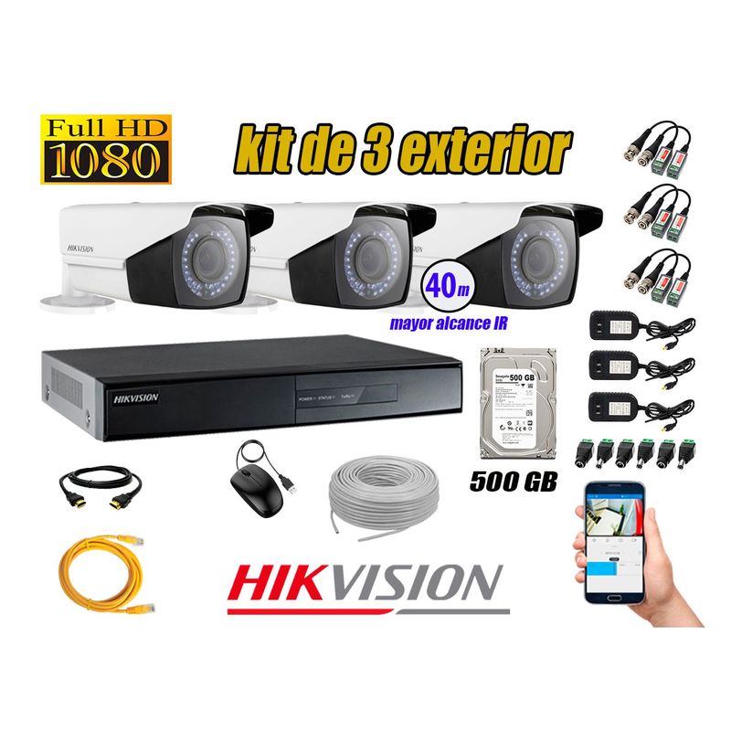HIKVISION - Cámaras de Seguridad Exterior Varifocal Kit 3 Full HD 1080P + Disco 500GB P2P
