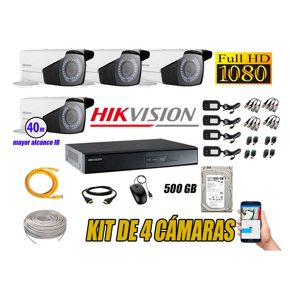 HIKVISION - Cámaras de Seguridad Exterior Varifocal Kit 4 Full HD 1080P + Disco 500GB P2P