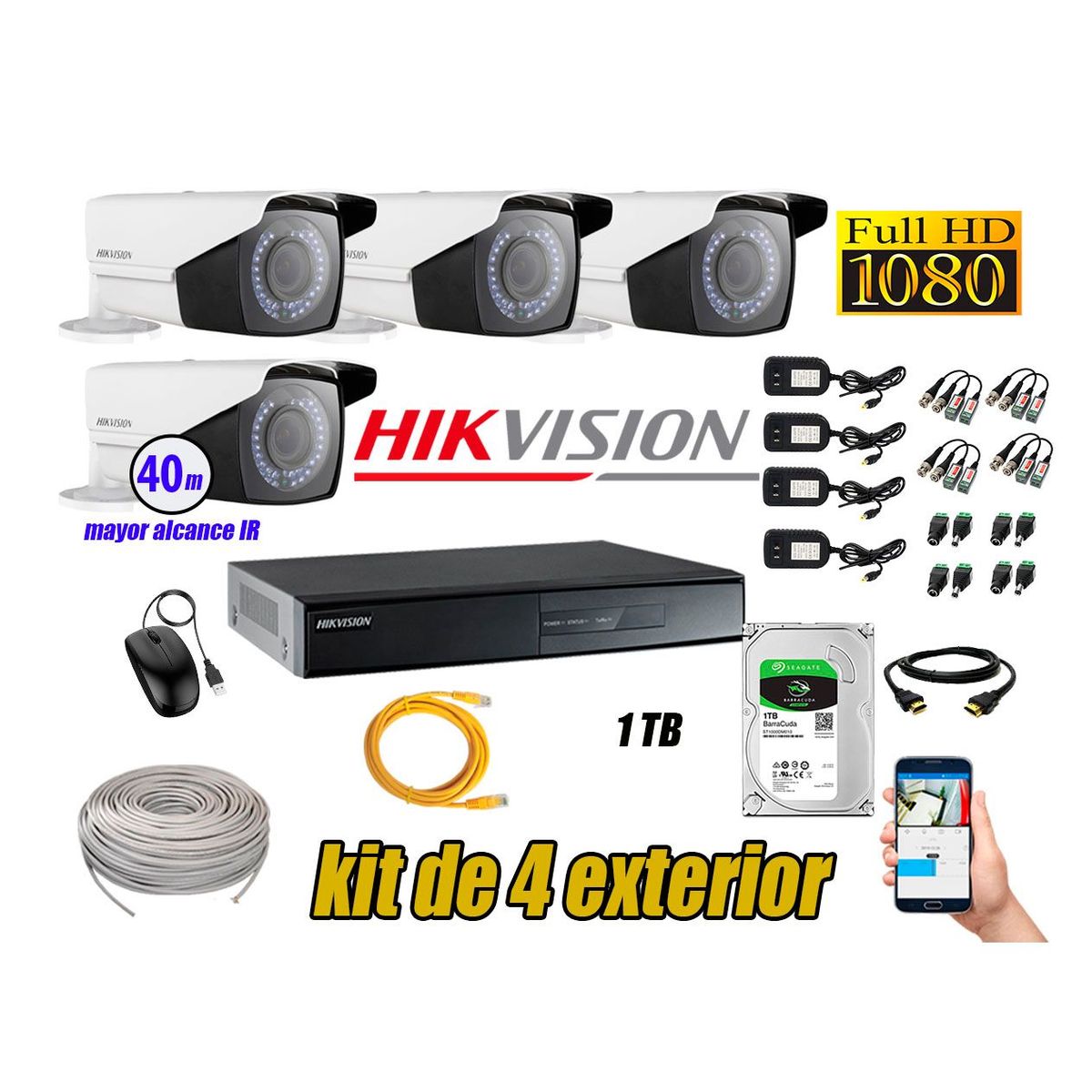 HIKVISION - Cámaras de Seguridad Exterior Varifocal Kit 4 Full HD 1080P + Disco 1TB WD CCTV