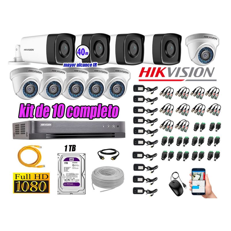 HIKVISION - Cámaras de Seguridad Kit 10 Full HD 1080P 1TB + Cámara Exterior Mayor Alcance IT3F