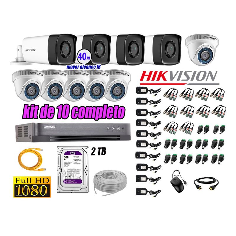 HIKVISION - Kit Cámara de Seguridad Kit 10 Full HD 1080P 2TB + Cámara de Seguridad Exterior Mayor Alcance IT3F KIT10-FHD-D099