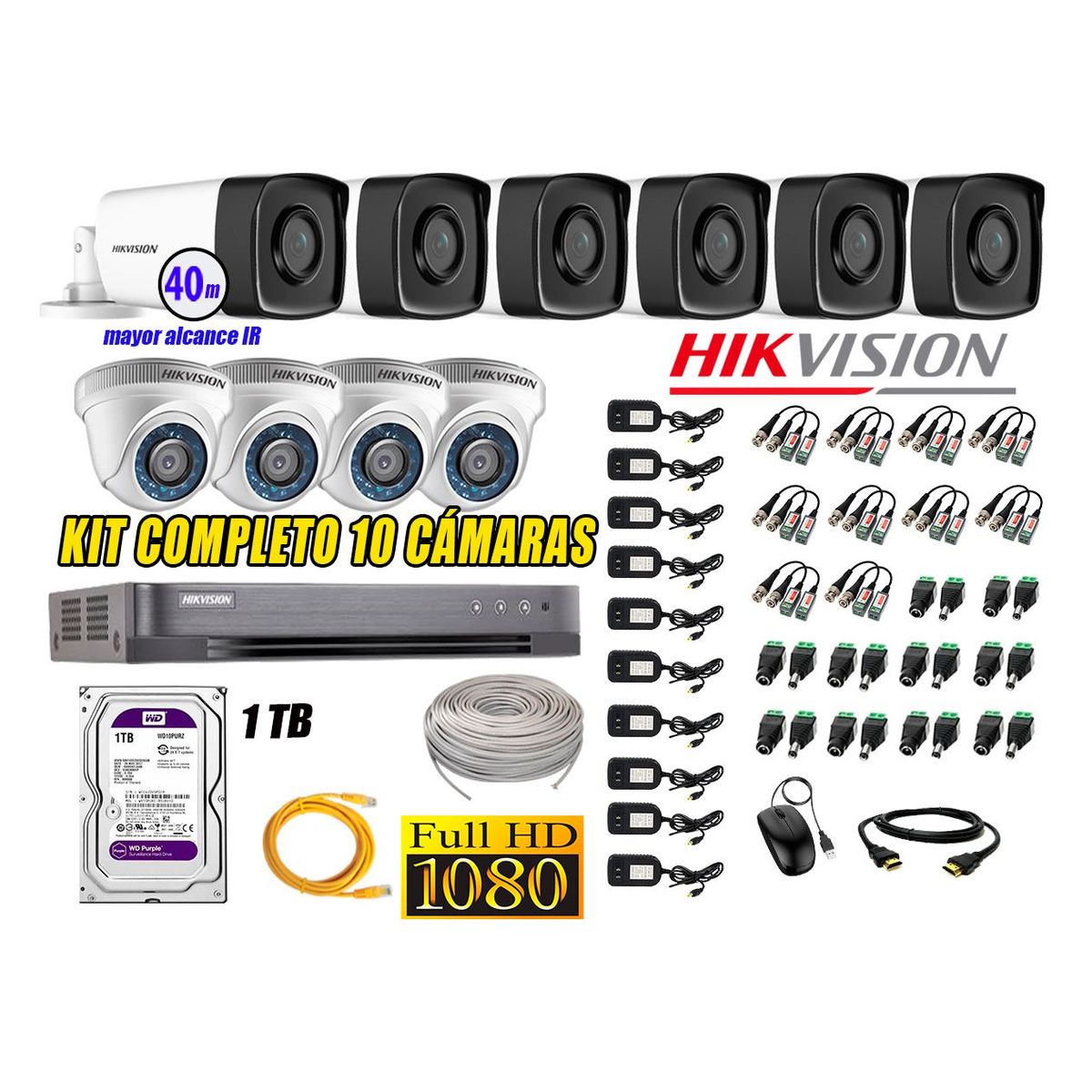 HIKVISION - Kit Cámara de Seguridad Kit 10 Full HD 1080P 1TB + Cámara de Seguridad Exterior IT3F KIT10-FHD