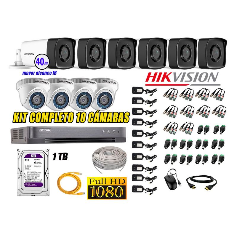 HIKVISION - Kit Cámara de Seguridad Kit 10 Full HD 1080P 1TB + Cámara de Seguridad Exterior Mayor Alcance IT3F KIT10-FHD-D106