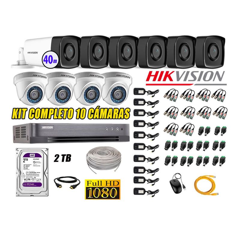 HIKVISION - Kit Cámara de Seguridad Kit 10 Full HD 1080P 2TB + Cámara de Seguridad Exterior Mayor Alcance IT3F P2P