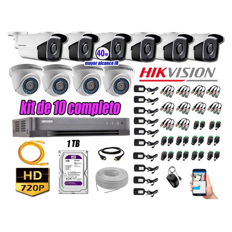 HIKVISION - Cámaras Seguridad Kit 10 HD 720P 1TB + Cámara Exterior Mayor Alcance IT3F