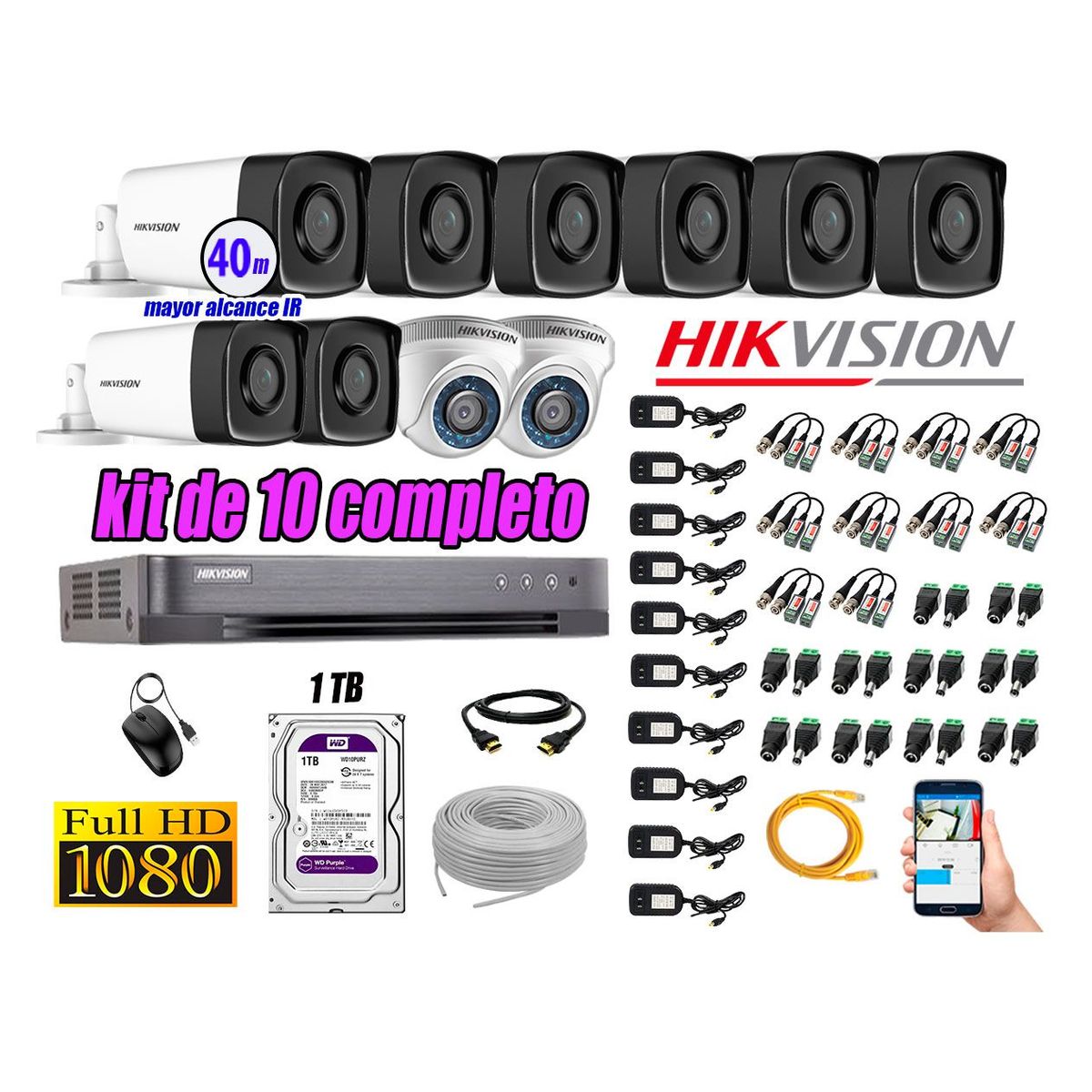 HIKVISION - Kit Cámara de Seguridad Kit 10 Full HD 1080P 1TB + Cámara de Seguridad Exterior Mayor Alcance IT3F