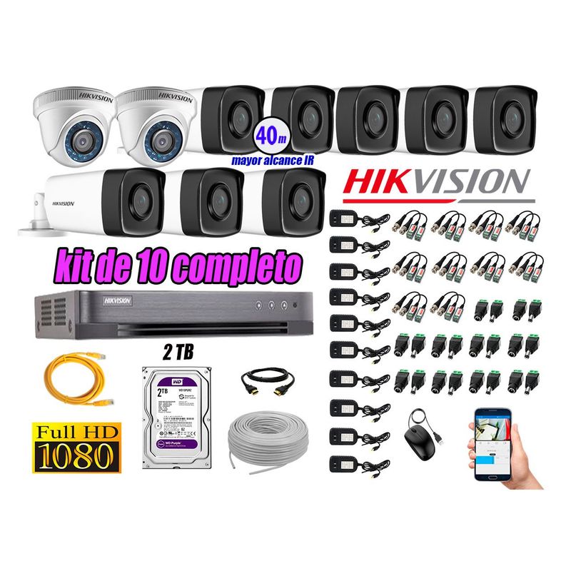 HIKVISION - Cámaras de Seguridad Kit 10 Full HD 1080P 2TB + Cámara Exterior Mayor Alcance IT3F P2P