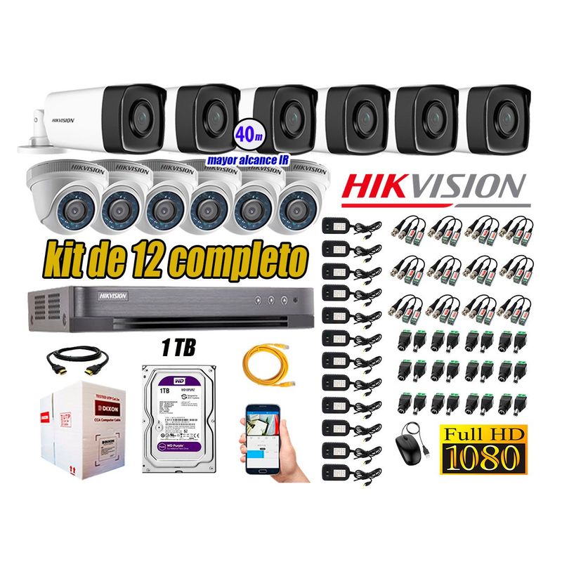 HIKVISION - Kit Cámara de Seguridad Kit 12 Full HD 1080P 1TB + Cámara de Seguridad Exterior Mayor Alcance IT3F P2P