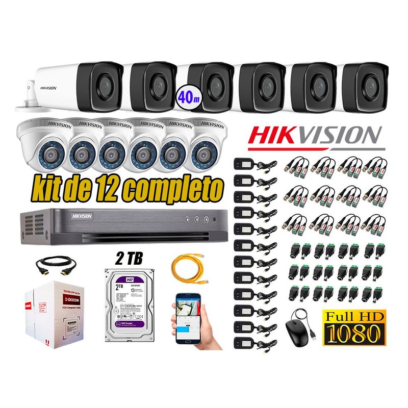 HIKVISION - Kit Cámara de Seguridad Kit 12 Full HD 1080P 2TB + Cámara de Seguridad Exterior Mayor Alcance IT3F