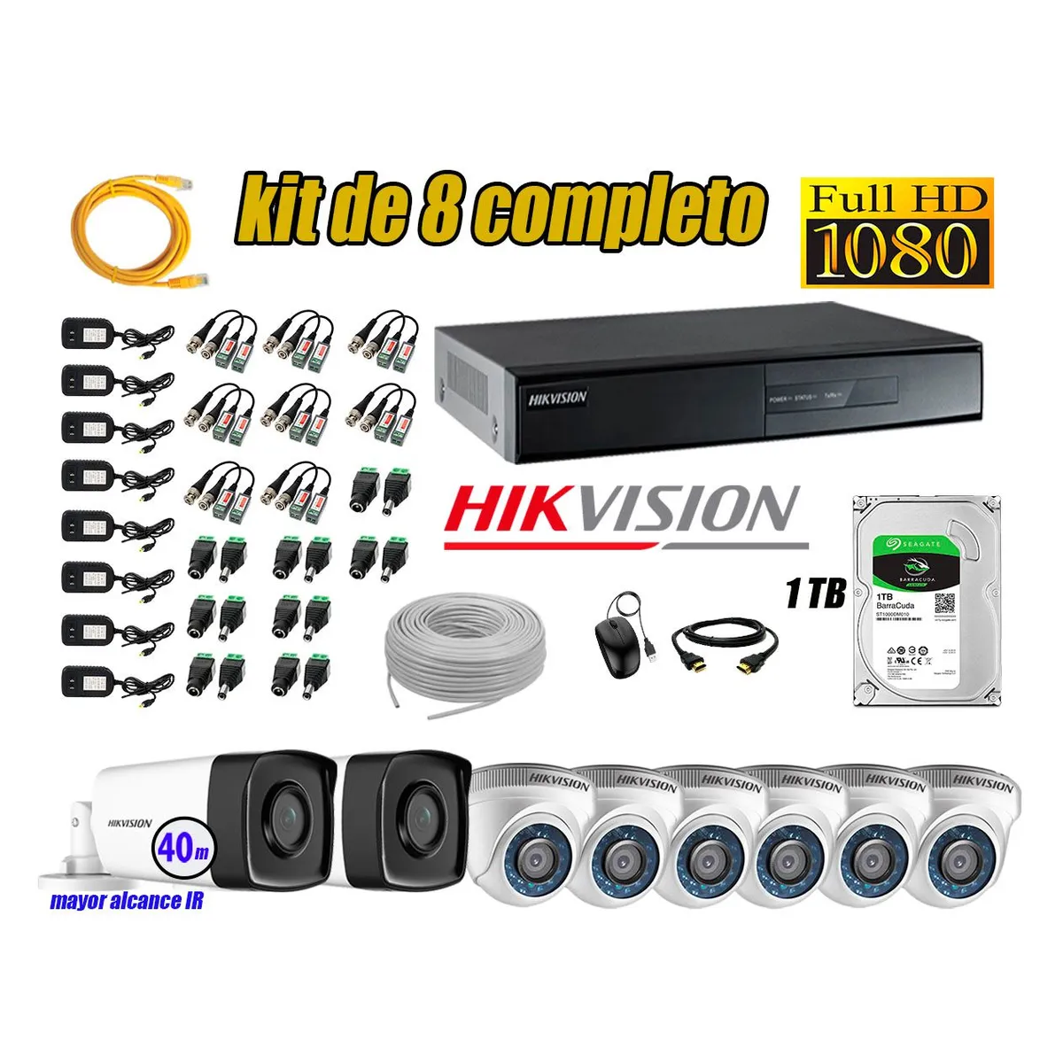 HIKVISION - Kit Cámara de Seguridad Kit 8 Full HD 1080P 1TB + Cámara de Seguridad Exterior IT3F KIT08-FHD-D073