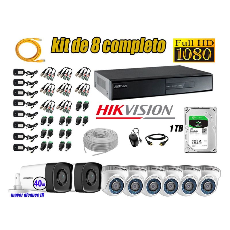 HIKVISION - Kit Cámara de Seguridad Kit 8 Full HD 1080P 1TB + Cámara de Seguridad Exterior Mayor Alcance IT3F KIT08-FHD-D073
