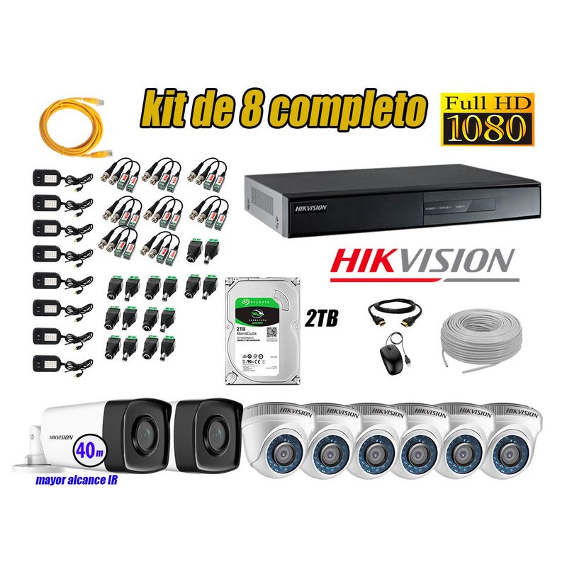 HIKVISION - Kit Cámara de Seguridad Kit 8 Full HD 1080P 2TB + Cámara de Seguridad Exterior Mayor Alcance IT3F KIT08-FHD-D074
