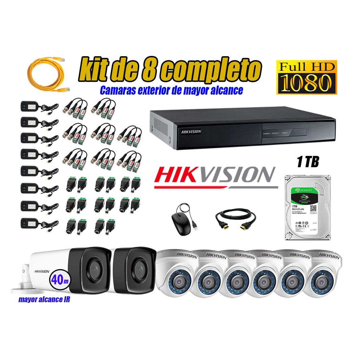 HIKVISION - Cámaras Seguridad Kit 8 Full HD 1080P 1TB + Cámara Exterior Mayor Alcance IT3F KIT08-FHD-D075