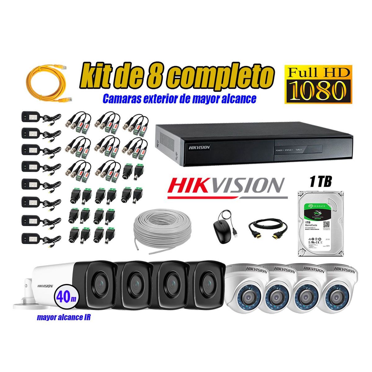 HIKVISION - Kit Cámara de Seguridad Kit 8 Full HD 1080P 1TB + Cámara de Seguridad Exterior IT3F KIT08-FHD-D081