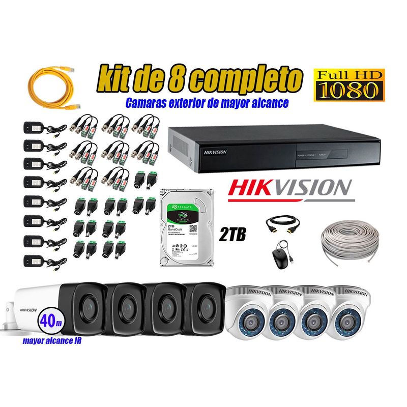 HIKVISION - Kit Cámara de Seguridad Kit 8 Full HD 1080P 2TB + Cámara de Seguridad Exterior Mayor Alcance IT3F KIT08-FHD-D082