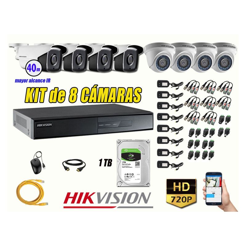 HIKVISION - Cámaras Seguridad Kit 8 HD 720P 1TB + Cámara Exterior Mayor Alcance IT3FKIT08-HD-D085