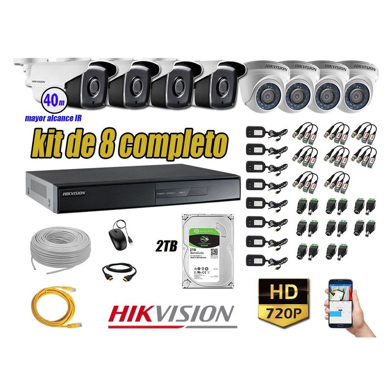HIKVISION - Cámaras Seguridad Kit 8 HD 720P 2TB + Cámara Exterior Mayor Alcance IT3F KIT08-HD-D087
