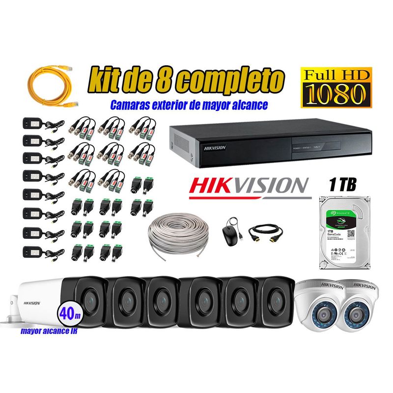 HIKVISION - Kit Cámara de Seguridad Kit 8 Full HD 1080P 1TB + Cámara de Seguridad Exterior Mayor Alcance IT3F KIT08-FHD-D089
