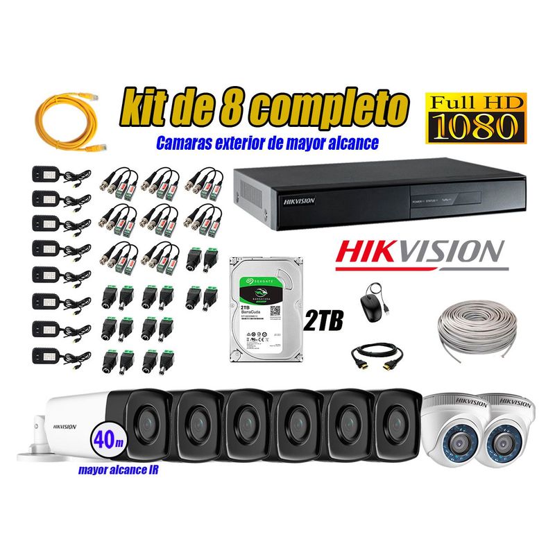 HIKVISION - Kit Cámara de Seguridad Kit 8 Full HD 1080P 2TB + Cámara de Seguridad Exterior Mayor Alcance IT3F KIT08-FHD-D090