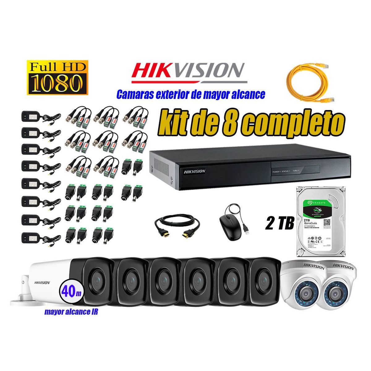 HIKVISION - Cámaras Seguridad Kit 8 Full HD 1080P 2TB + Cámara Exterior Mayor Alcance IT3F