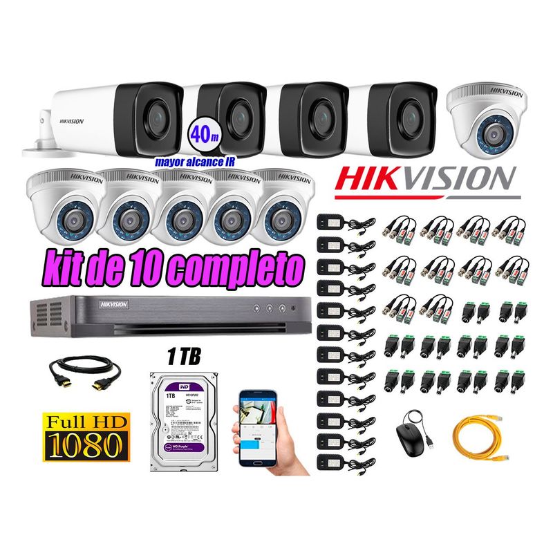 HIKVISION - Cámaras Seguridad Kit 10 Full HD 1080P 1TB + Cámara Exterior Mayor Alcance IT3F KIT10-FHD-D097