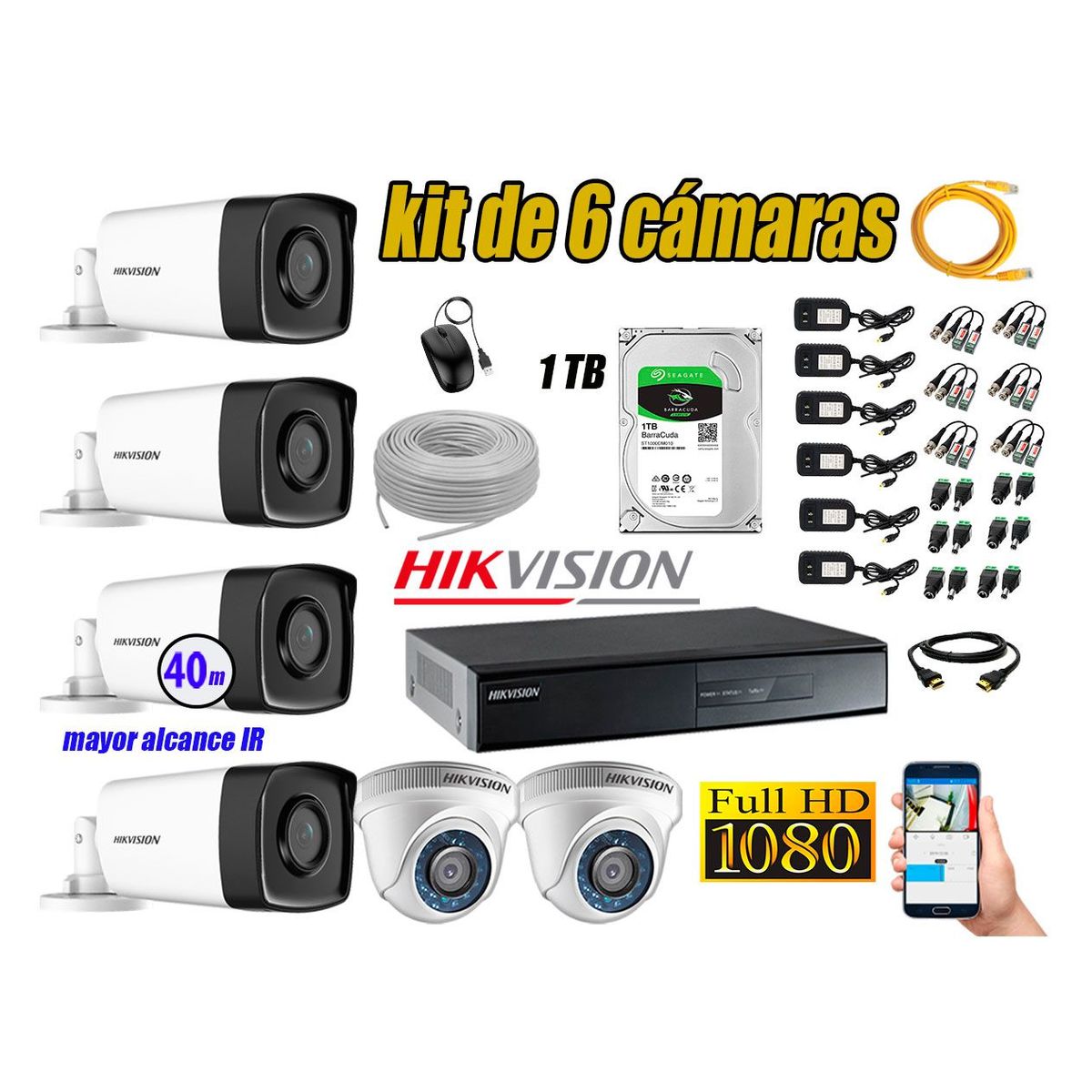 HIKVISION - Kit Cámara de Seguridad Kit 6 Full HD 1080P 1TB + Cámara de Seguridad Exterior Mayor Alcance IT3F