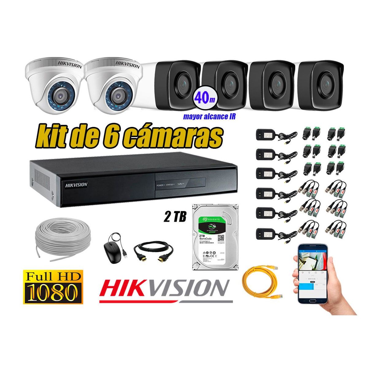 HIKVISION - Kit Cámara de Seguridad Kit 6 Full HD 1080P 2TB + Cámara de Seguridad Exterior IT3F P2P