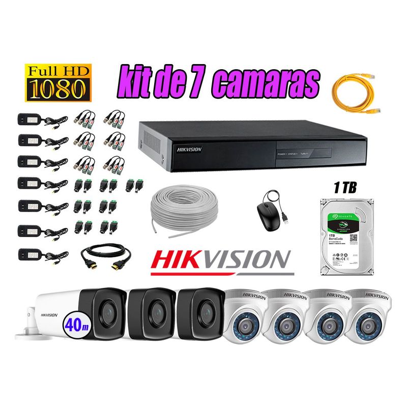 HIKVISION - Kit Cámara de Seguridad Kit 7 Full HD 1080P 1TB + Cámara de Seguridad Exterior Mayor Alcance IT3F P2P KIT07-FHD-D059