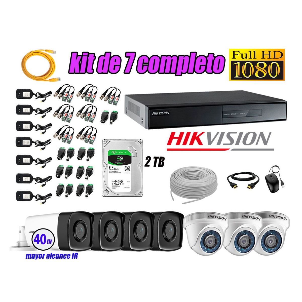 HIKVISION - Kit Cámara de Seguridad Kit 7 Full HD 1080P 2TB + Cámara de Seguridad Exterior Mayor Alcance IT3F