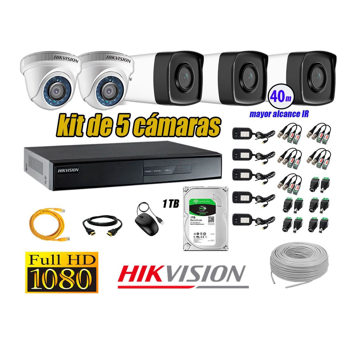 HIKVISION - Kit Cámara de Seguridad Kit 5 Full HD 1080P 1TB + Cámara de Seguridad Exterior IT3F P2P