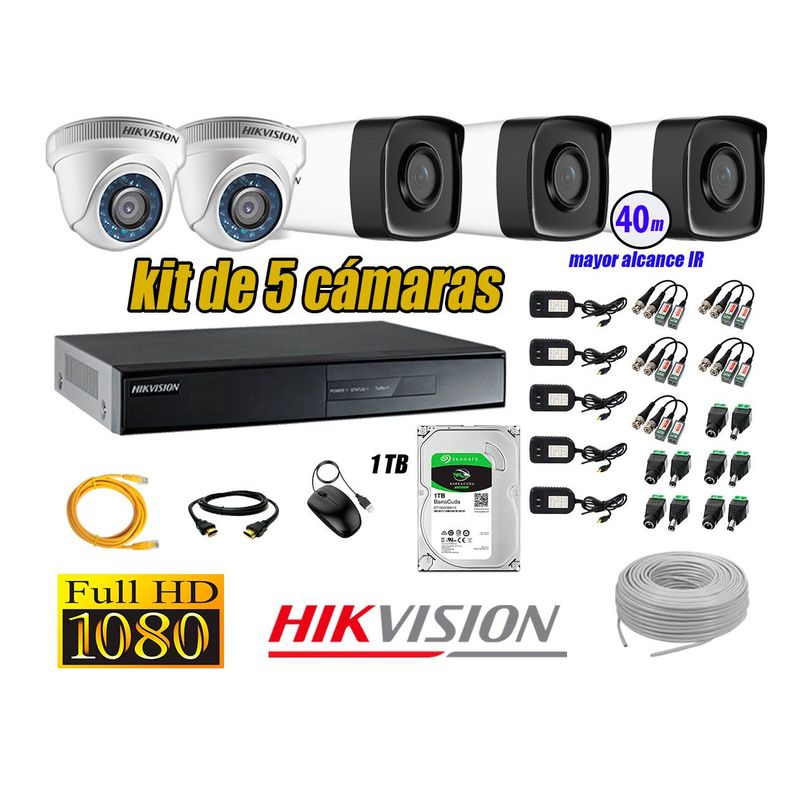 HIKVISION - Kit Cámara de Seguridad Kit 5 Full HD 1080P 1TB + Cámara de Seguridad Exterior Mayor Alcance IT3F P2P