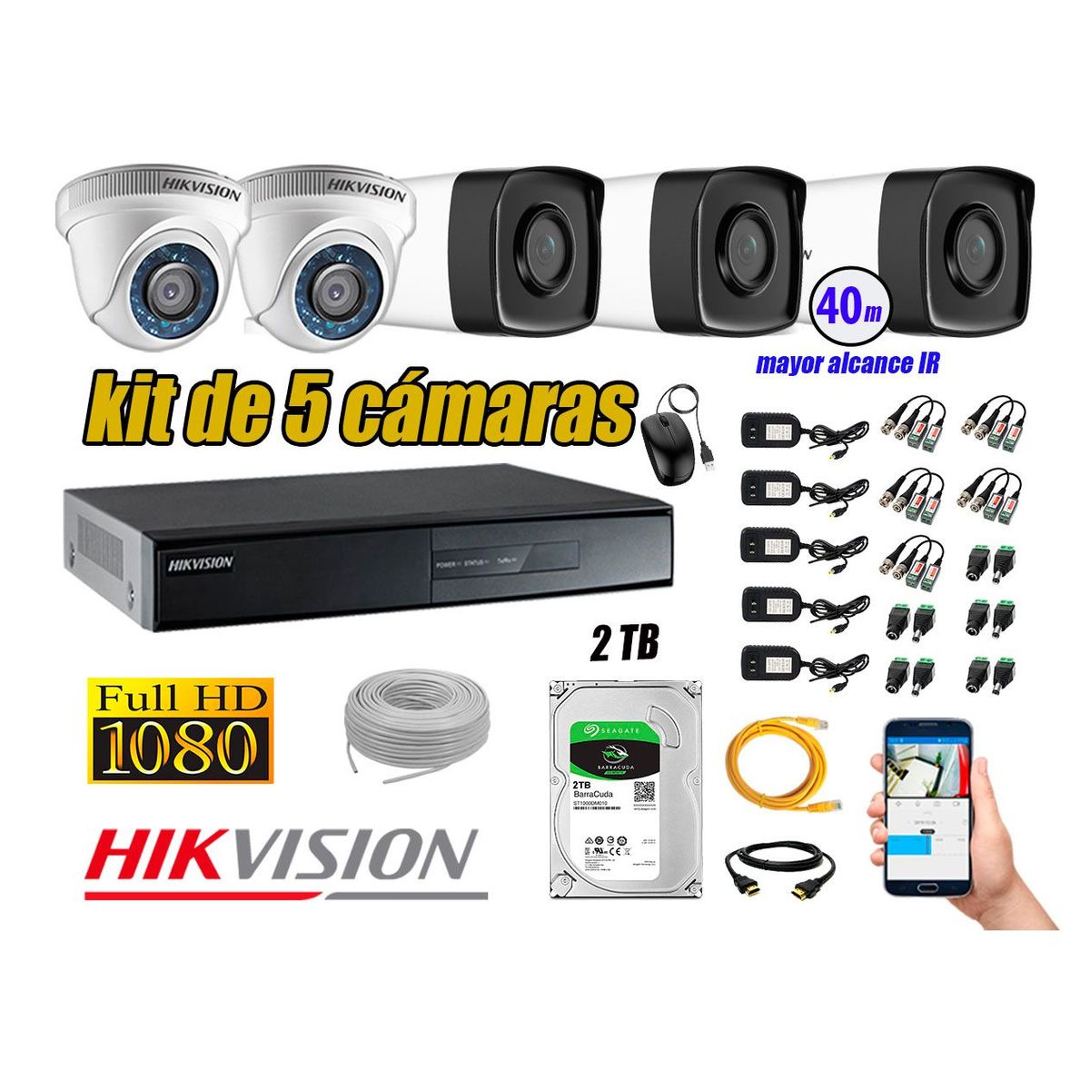 HIKVISION - Kit Cámara de Seguridad Kit 5 Full HD 1080P 2TB + Cámara de Seguridad Exterior IT3F P2P