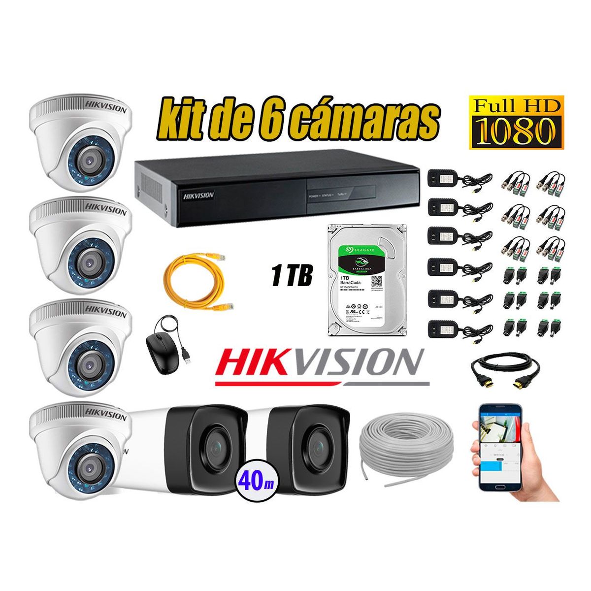 HIKVISION - Kit Cámara de Seguridad Kit 6 Full HD 1080P 1TB + Cámara de Seguridad Exterior IT3F KIT06-FHD-D034