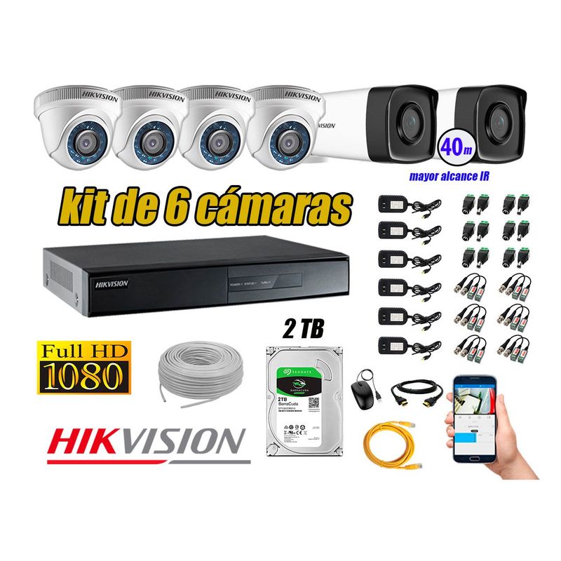 HIKVISION - Kit Cámara de Seguridad Kit 6 Full HD 1080P 2TB + Cámara de Seguridad Exterior Mayor Alcance IT3F KIT06-FHD-D035