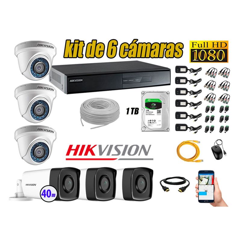 HIKVISION - Kit Cámara de Seguridad Kit 6 Full HD 1080P 1TB + Cámara de Seguridad Exterior Mayor Alcance IT3F KIT06-FHD-D042