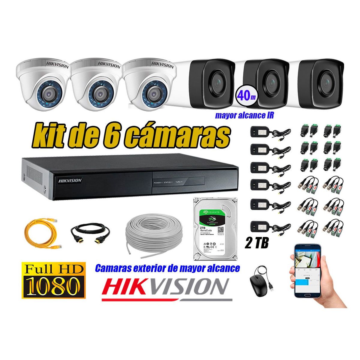 HIKVISION - Cámaras de Seguridad Kit 6 Full HD 1080P 2TB + Cámara Exterior Mayor Alcance IT3F P2P