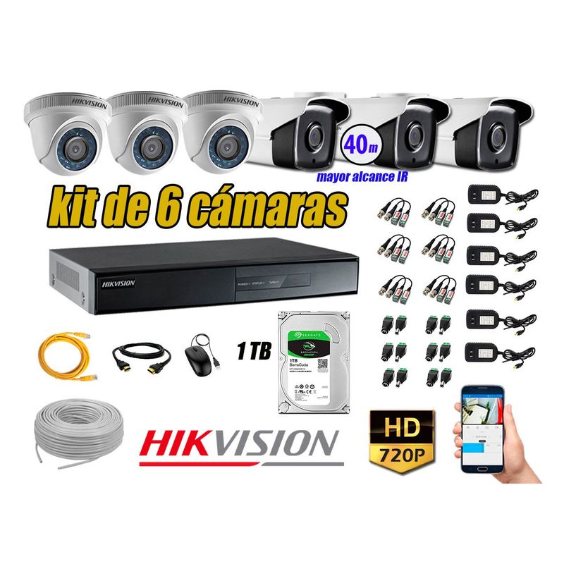 HIKVISION - Cámaras Seguridad Kit 6 HD 720P 1TB + Cámara Exterior Mayor Alcance IT3F P2P KIT06-HD-D045