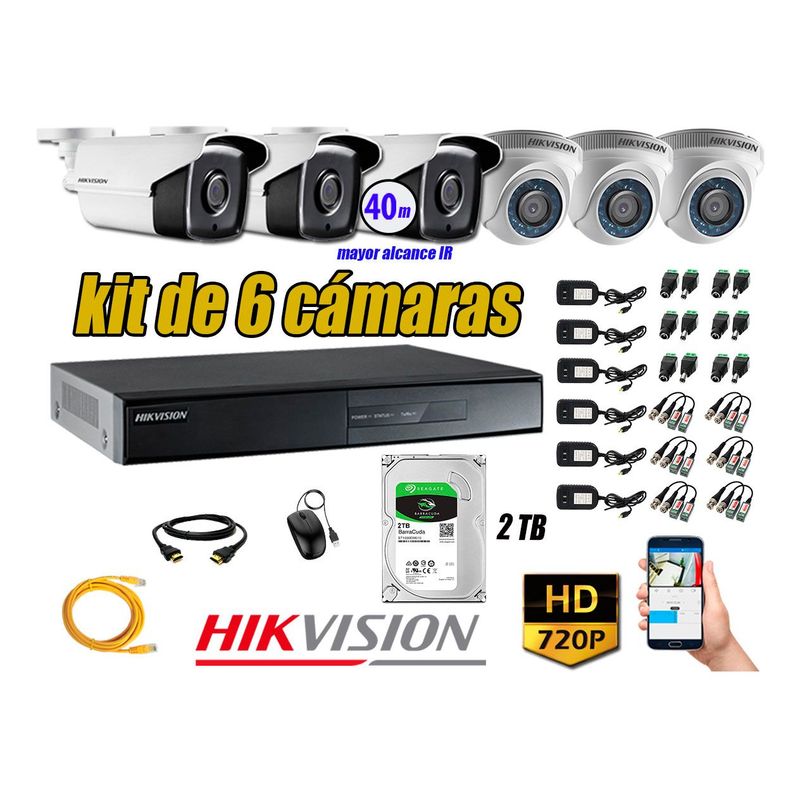 HIKVISION - Cámaras de Seguridad Kit 6 HD 720P 2TB + Cámara Exterior Mayor Alcance IT3F