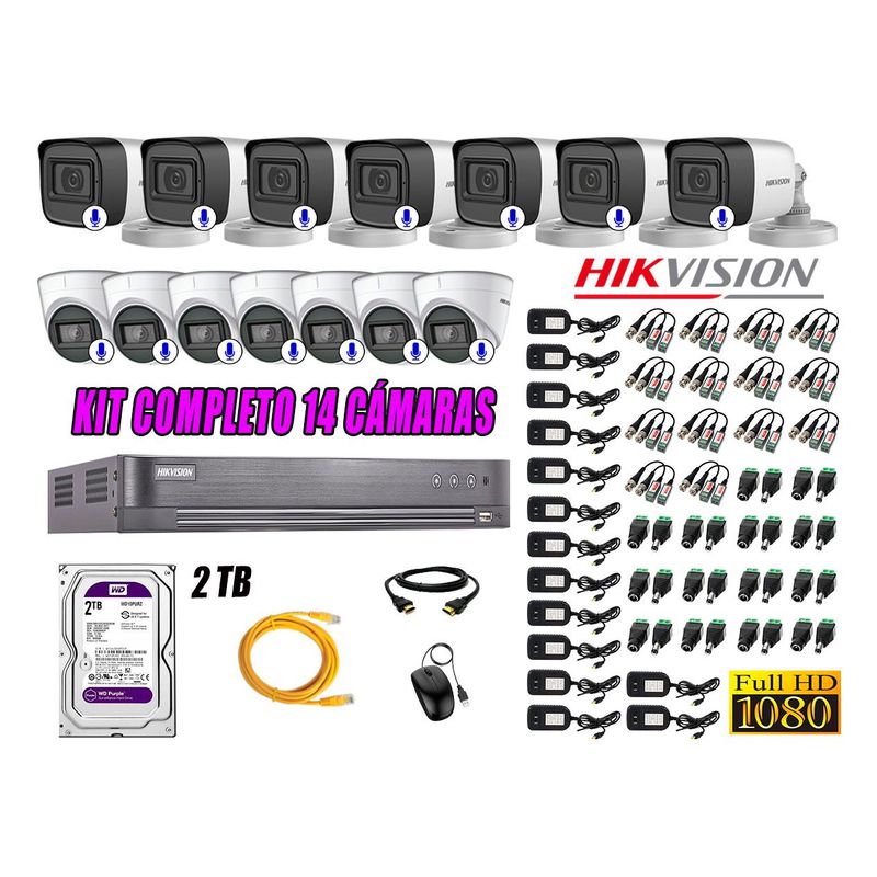 HIKVISION - Kit 14 Cámaras Seguridad Con Audio Incorporado Full HD 1080P Vigilancia CCTV