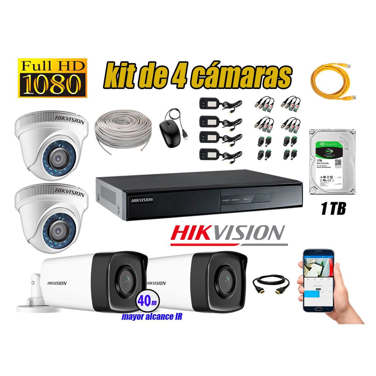 HIKVISION - Cámaras de Seguridad Kit 4 Full HD 1080P 1TB + Cámara Exterior Mayor Alcance IT3F KIT04-FHD-D002