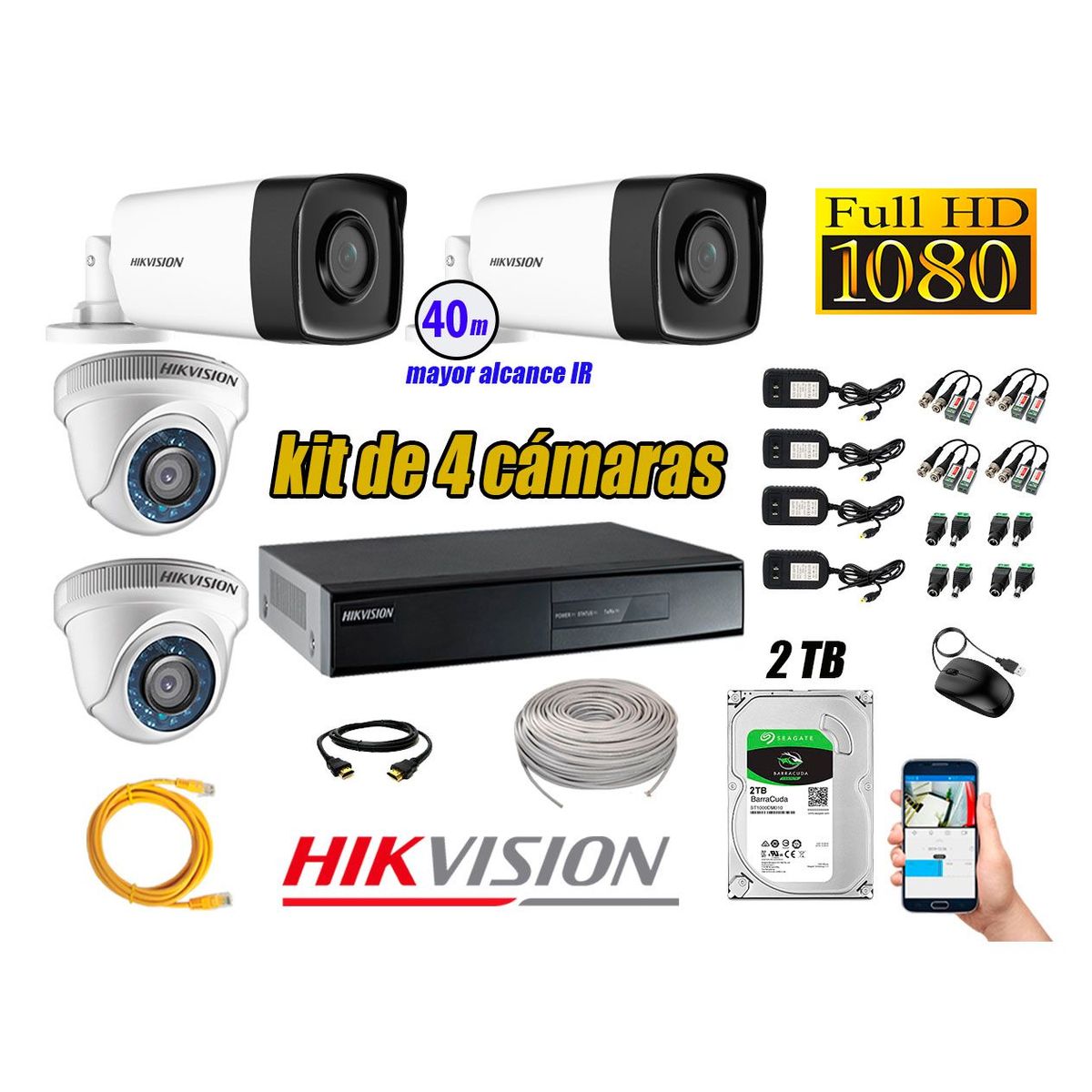 HIKVISION - Cámaras de Seguridad Kit 4 Full HD 1080P 2TB + Cámara Exterior Mayor Alcance IT3F KIT04-FHD-D003