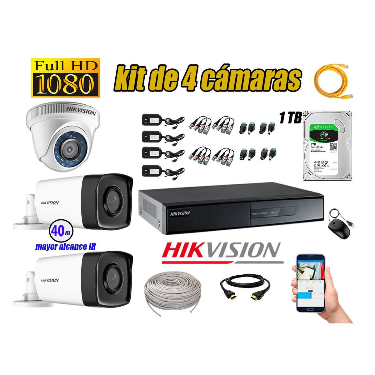 HIKVISION - Cámaras de Seguridad Kit 4 Full HD 1080P 1TB + Cámara Exterior Mayor Alcance IT3F