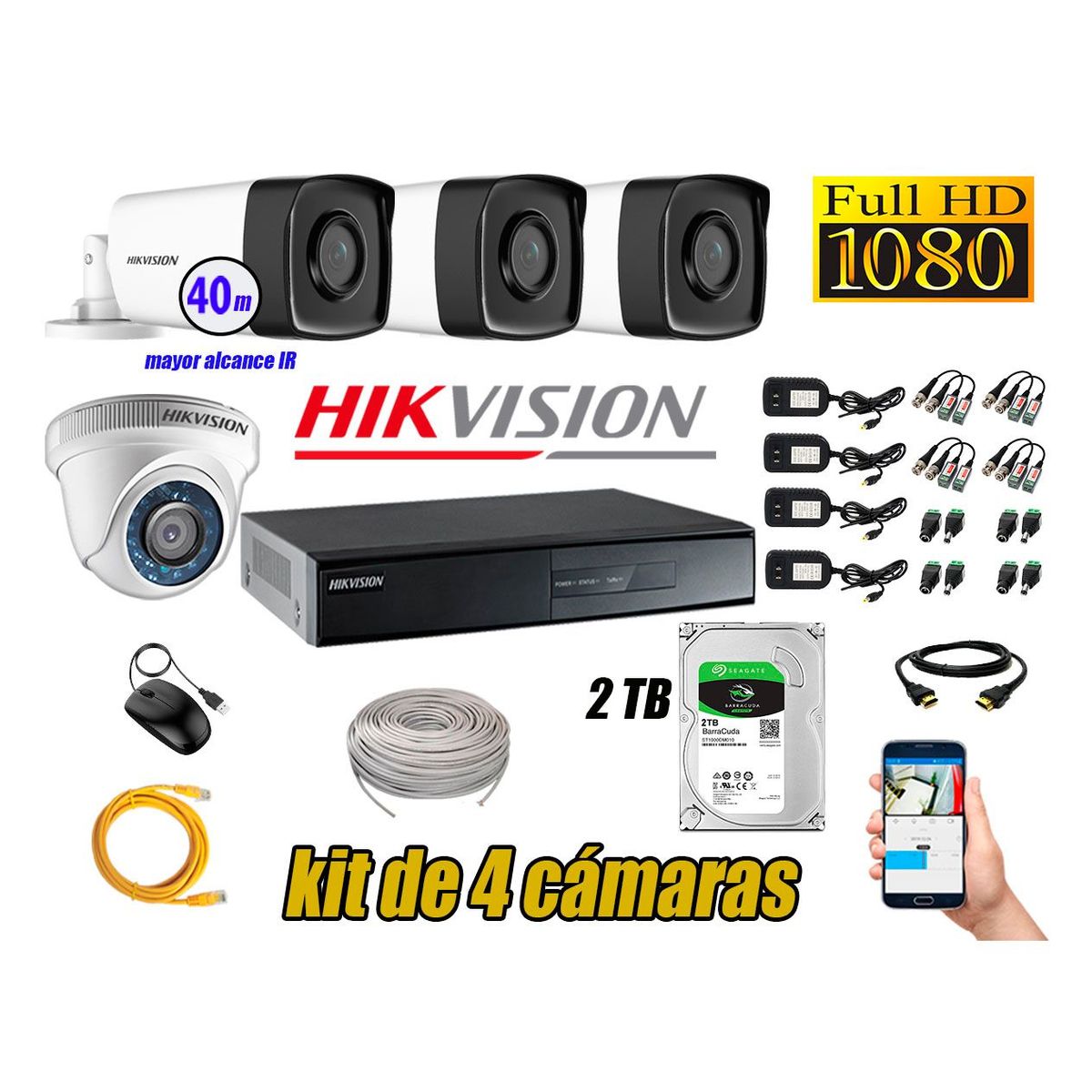 HIKVISION - Cámaras de Seguridad Kit 4 Full HD 1080P 2TB + Cámara Exterior Mayor Alcance IT3F P2P